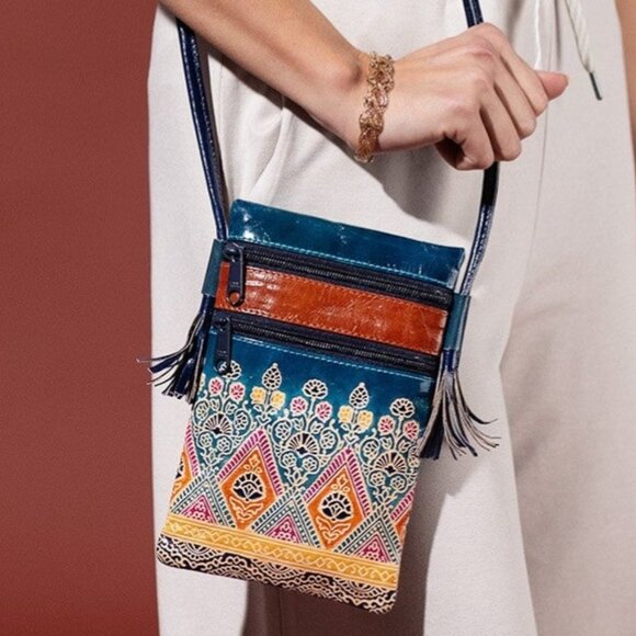 Cellphone Crossbody Bag Vibrant Artisan Hand-Painted & Embossed Genuine Leather - Picture 1 of 7
